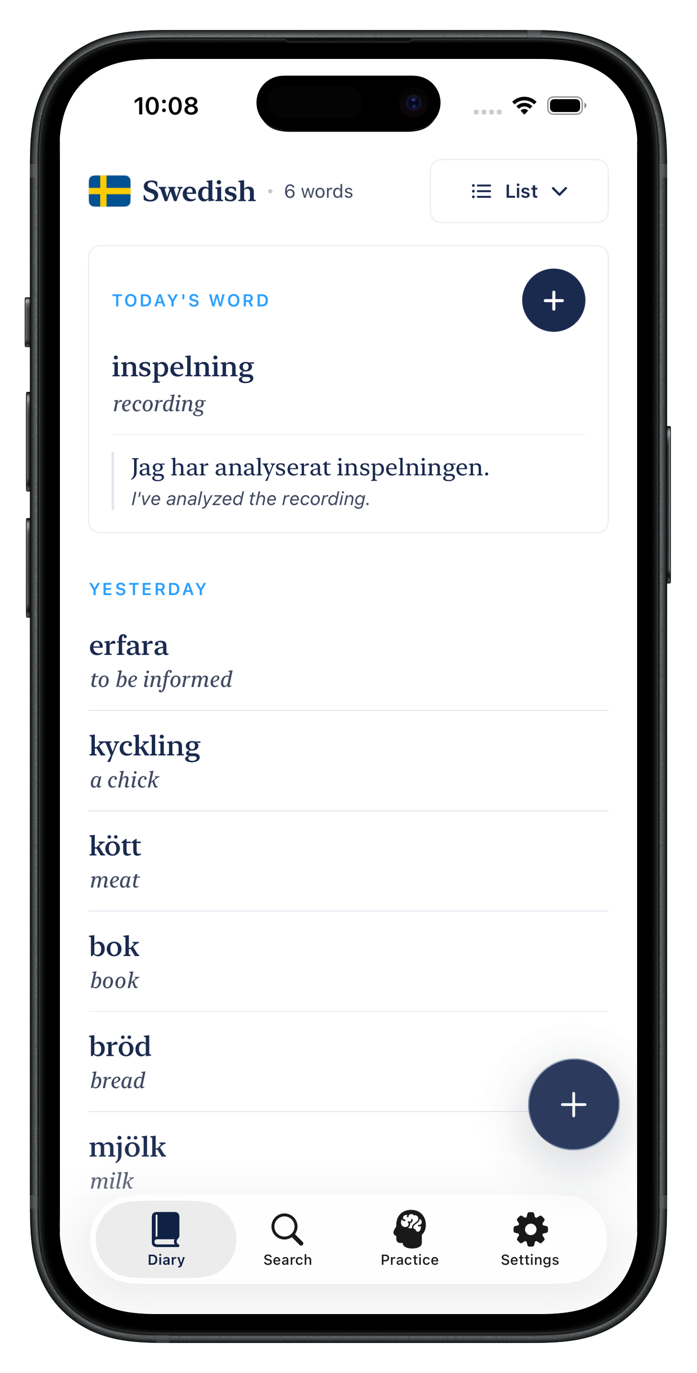 Word by Word diary screen shown inside an iPhone body, with a Swedish word list and today's word