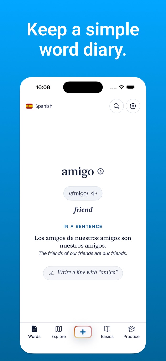 Keep a simple word diary: word page for the Spanish word amigo with pronunciation and an example sentence