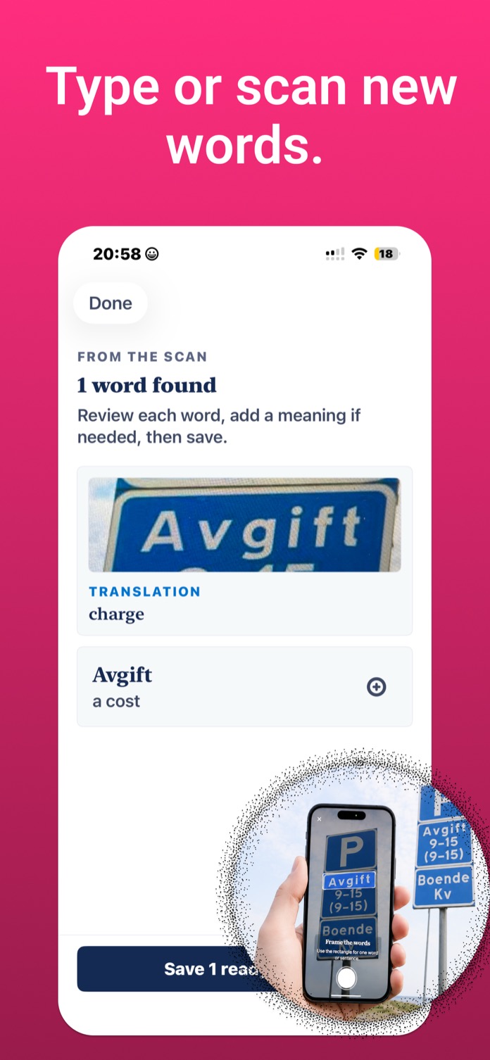 Type or scan new words: scan review reading the Swedish word avgift from a parking sign