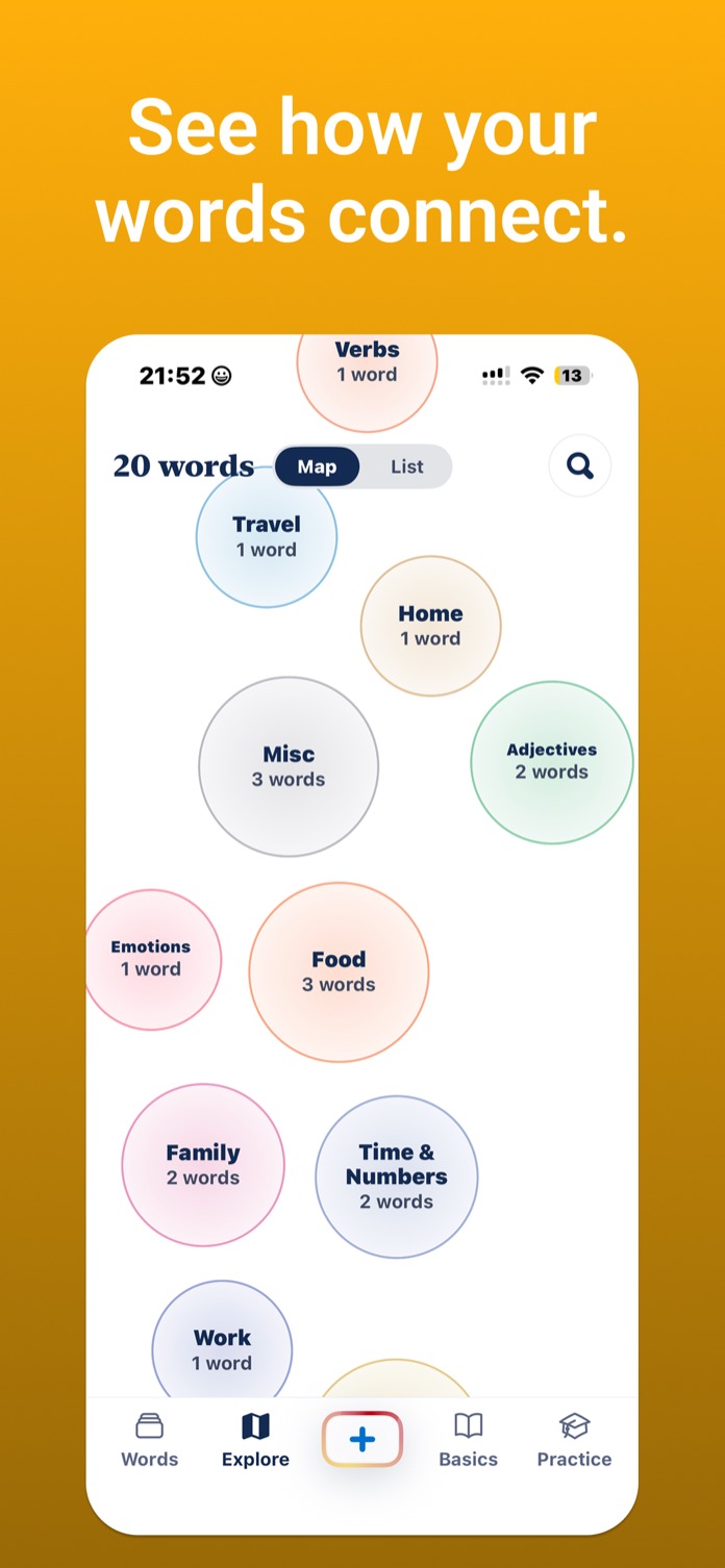 See how your words connect: Explore map grouping twenty saved words into topics