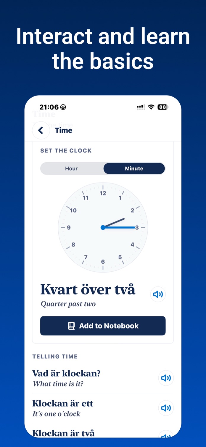 Interact and learn the basics: telling-time lesson with an interactive clock in Swedish