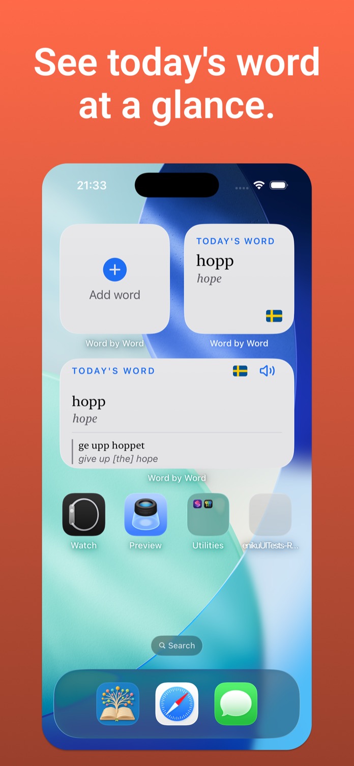 See today's word at a glance: home-screen widgets showing the Swedish word hopp