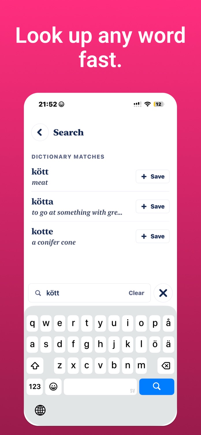 Look up any word fast: search results with dictionary matches for the Swedish word kött