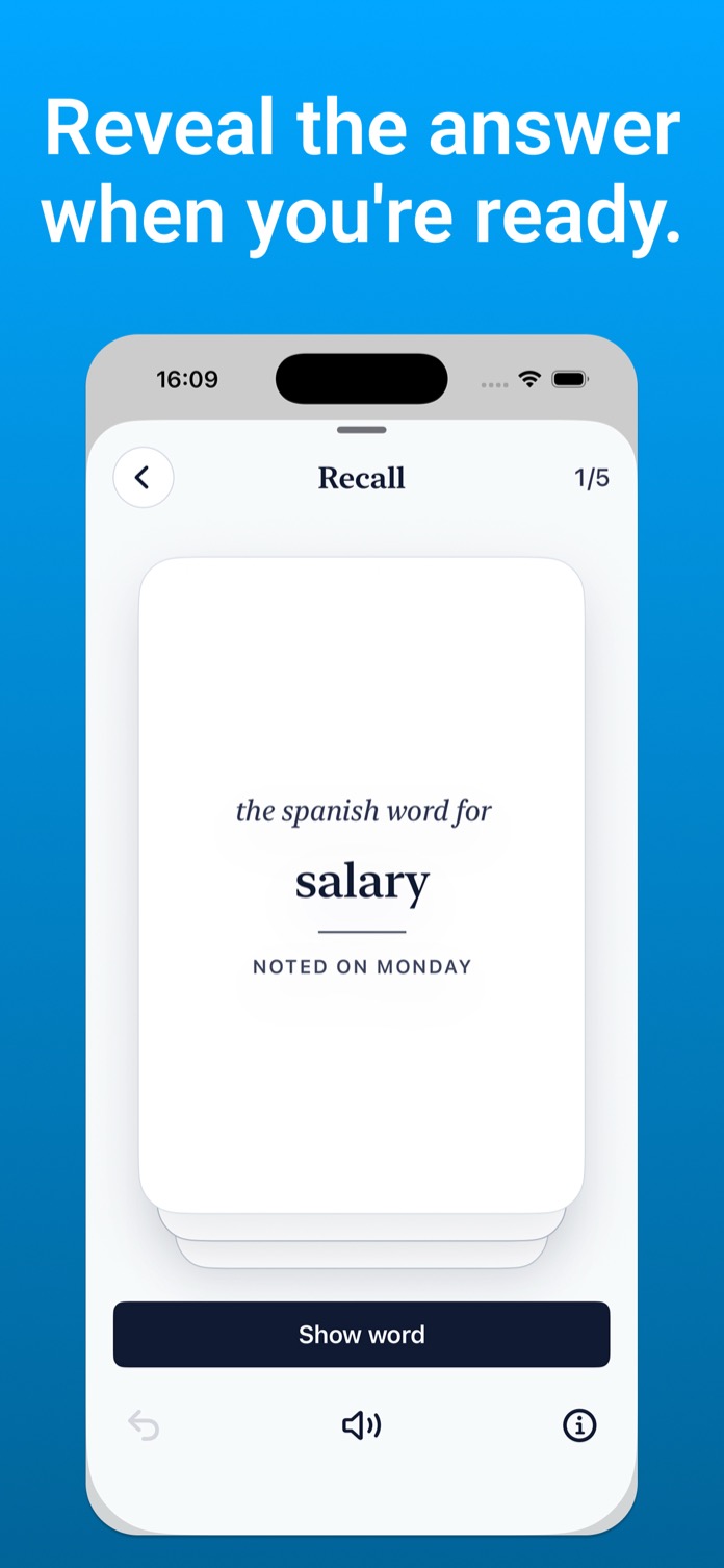 Reveal the answer when you're ready: recall card asking for the Spanish word for salary